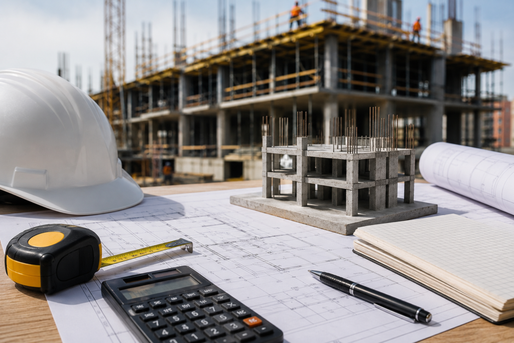Metrado de obra con planos, calculadora y materiales de construcción