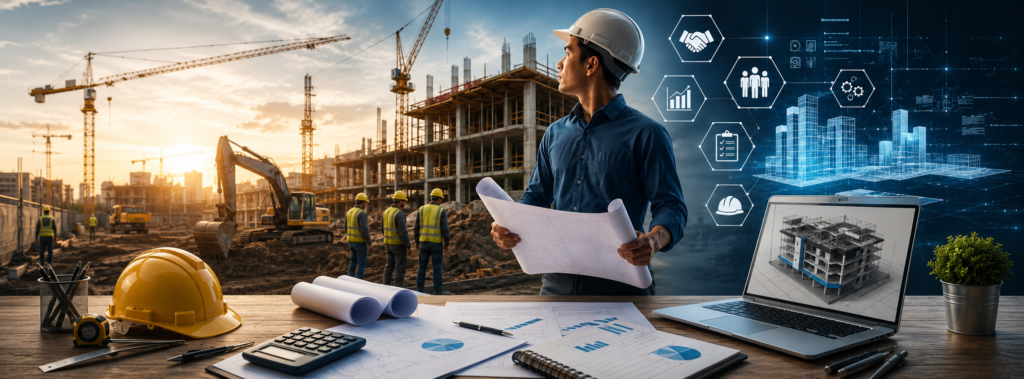 Ingeniero civil aplicando habilidades técnicas en construcción
