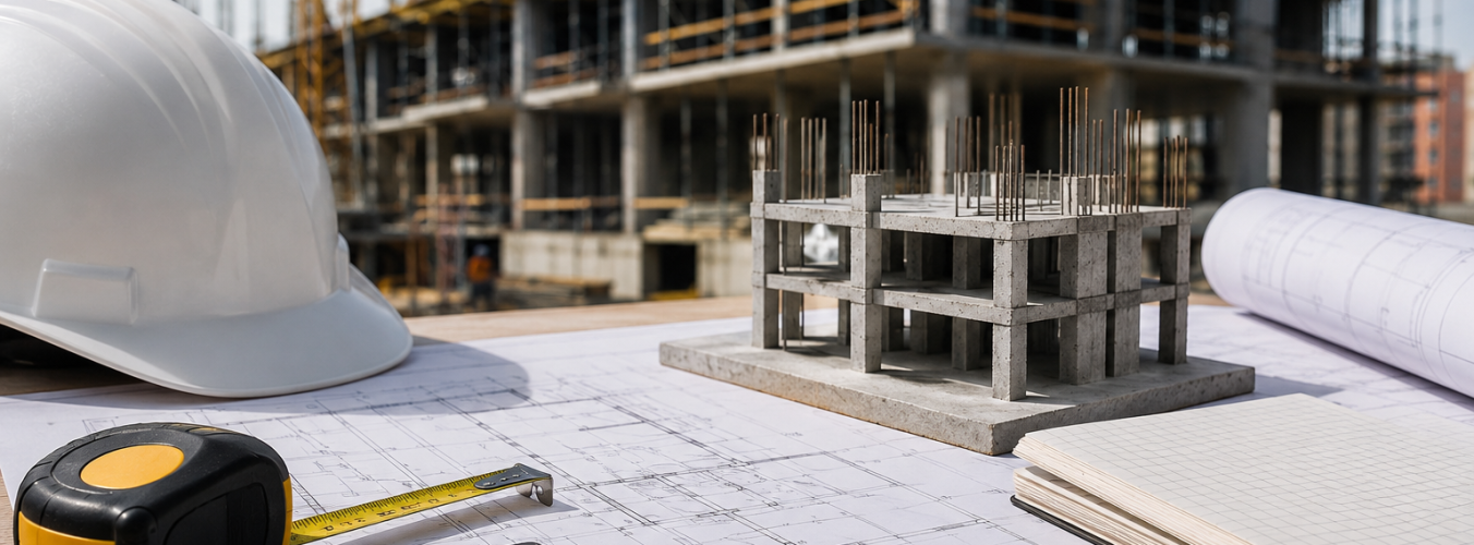 Metrado de obra con planos, calculadora y materiales de construcción